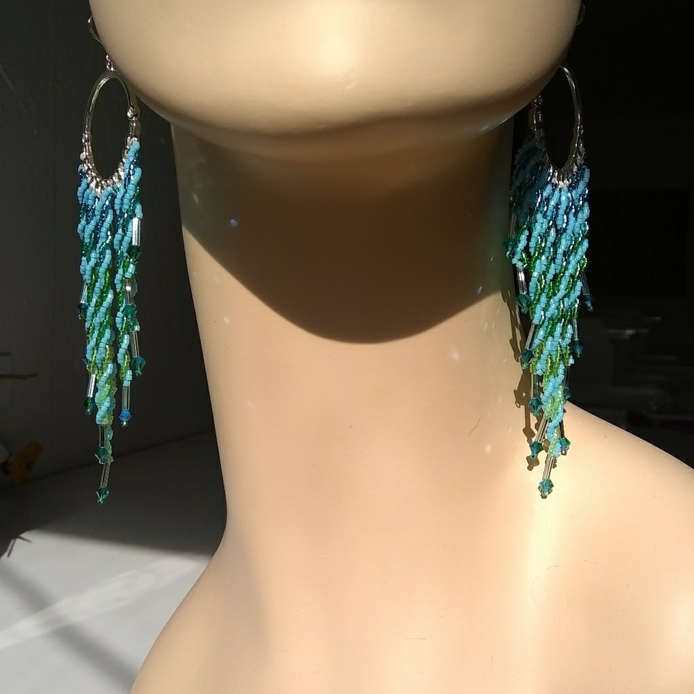 Beaded Handmade Twisted Seas Long Hoop Earrings - Picture 3 of 8